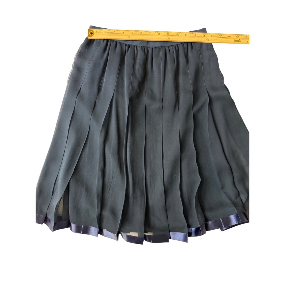 Navy Blue Pleated Midi Skirt Satin Trim Ribbon Hem Chiffon Layered Women Size S - Picture 3 of 6